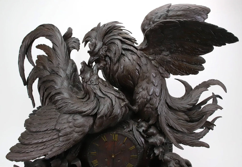 19th Century Black Forest Carved Roosters & Rabbits Clock