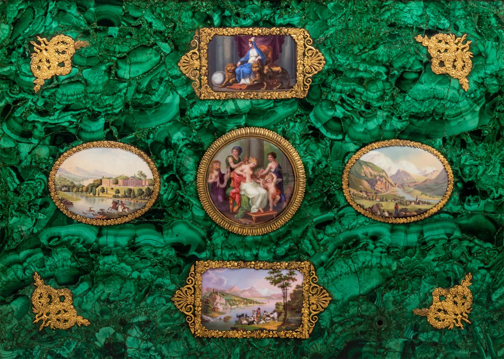 19th Century Malachite Panel with Enamel Plaques