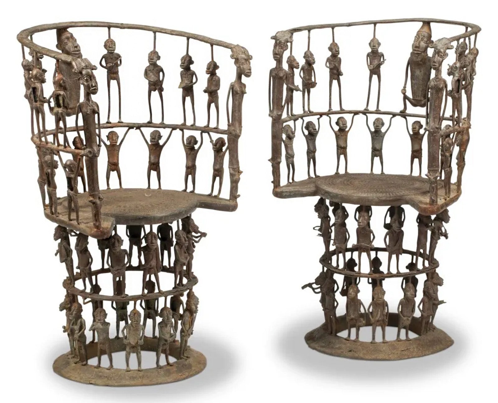 Pair of African Bronze Figurative Throne Chairs Anthonys Fine