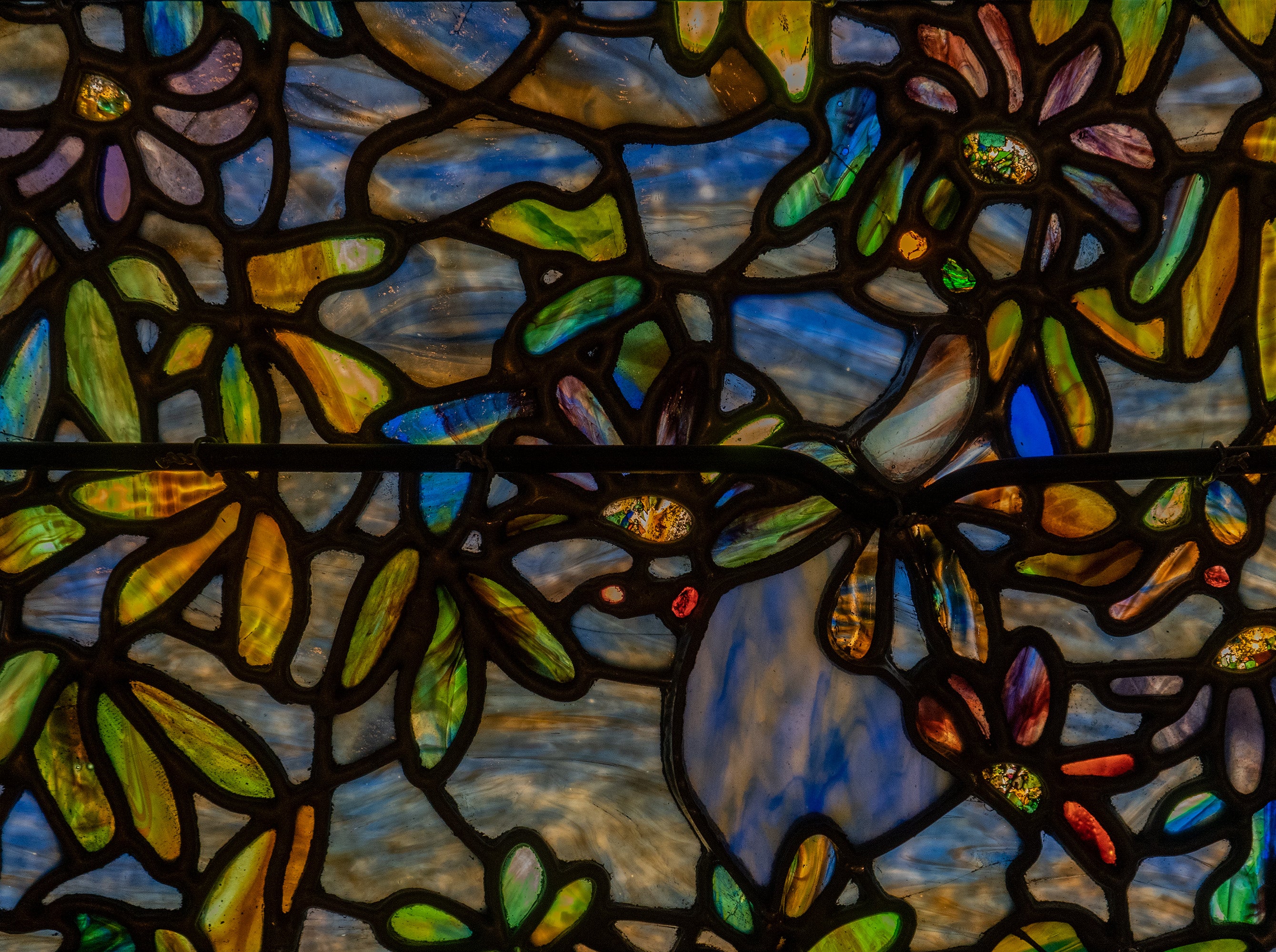 Passionflower, Iris, and Mock Orange Stained Glass Window by