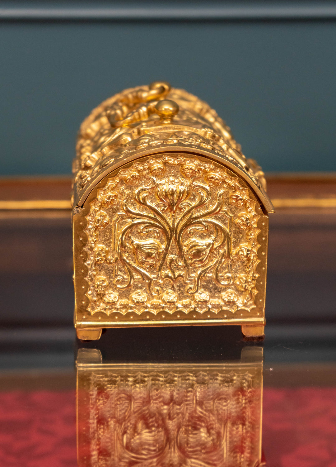 Ornate vermeil guilt bronze box lined with raw silk