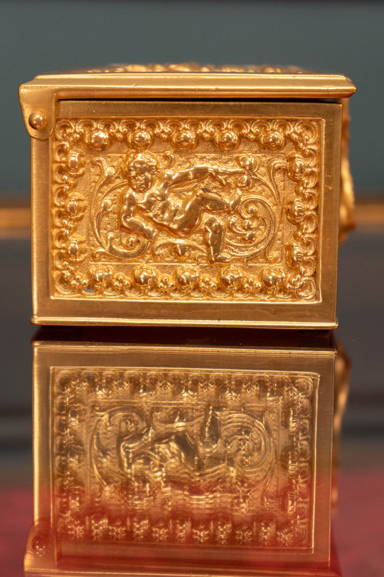 Ornate rectangle vermeil gilt bronze box with brocade lining
