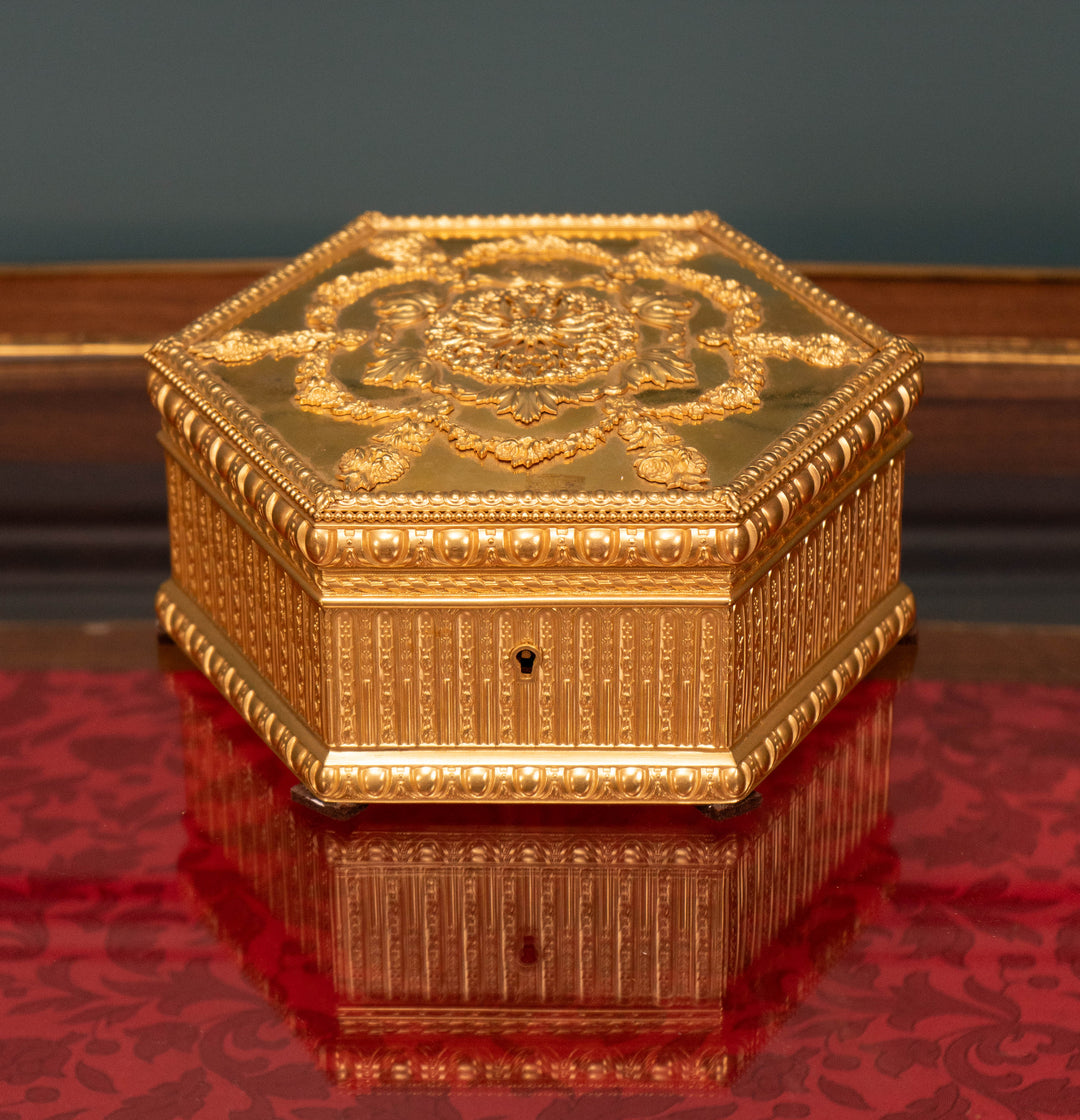 Ornate octagonal vermeil gilt bronze box with brocade lining