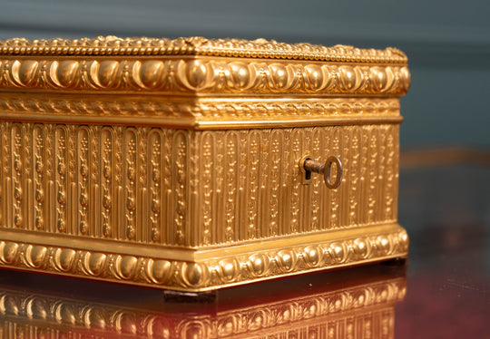 Ornate octagonal vermeil gilt bronze box with brocade lining