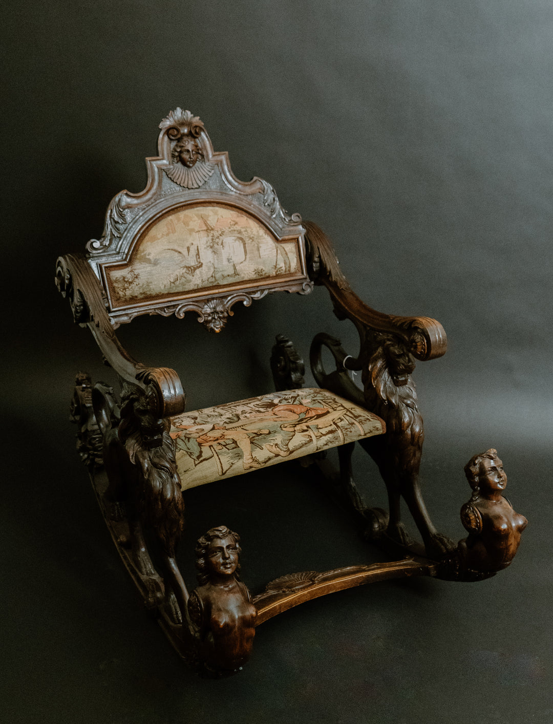 19th c. Venetian Lion Mounted Walnut Rocker