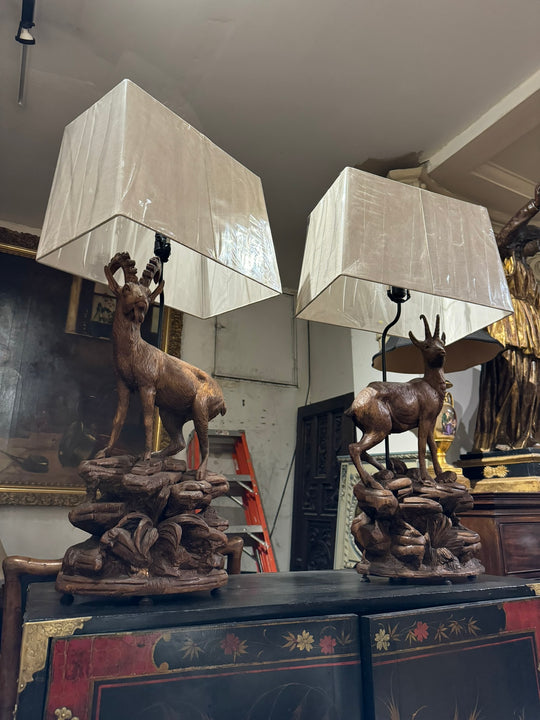 Pair of Black Forest Ibex and Chamois Lamps