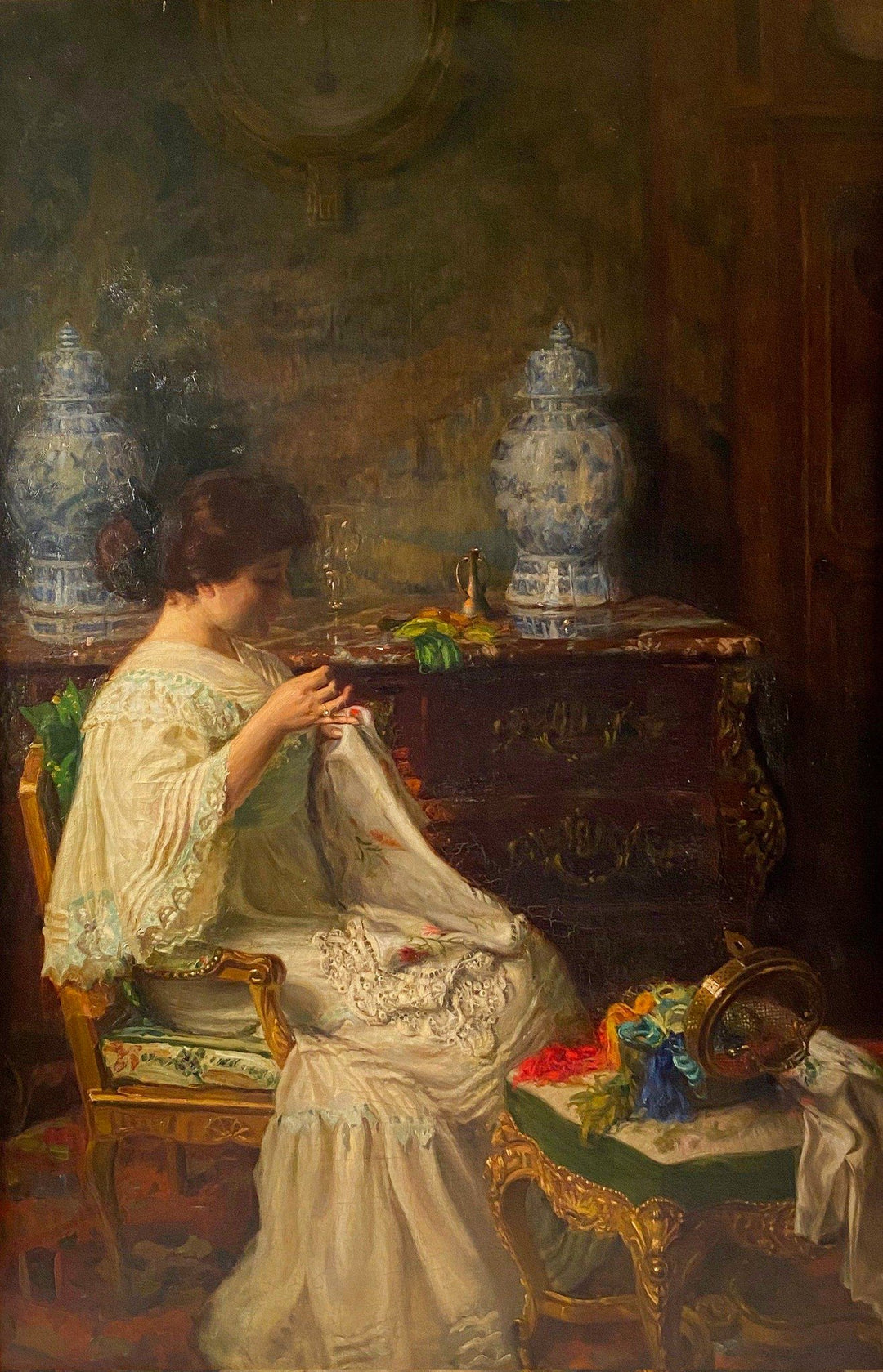 At Her Embroidery by Paul Edouard Deligny