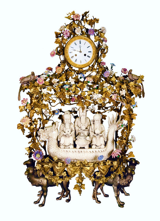 Monumental Japy Frères ormolu Chinoiserie clock (c. 1870 and porcelain, c. 1800)