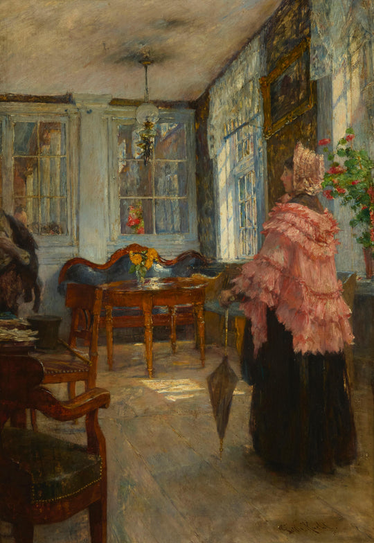Woman with Parasol and Ruffled Cloak Standing in a Sunroom by Gotthardt Kuehl