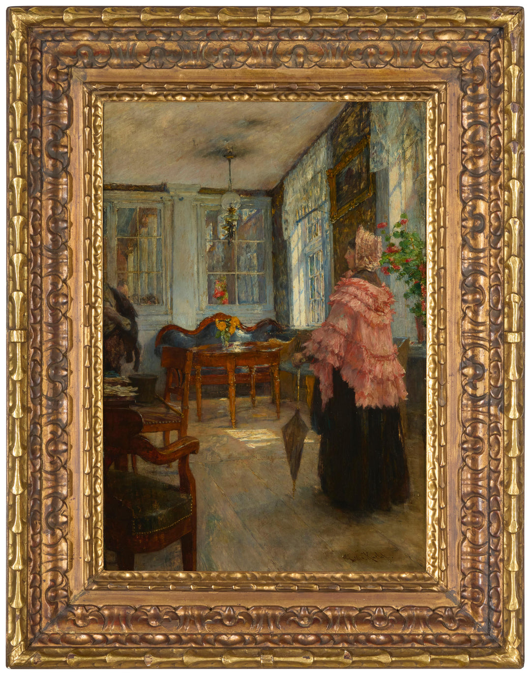 Woman with Parasol and Ruffled Cloak Standing in a Sunroom by Gotthardt Kuehl