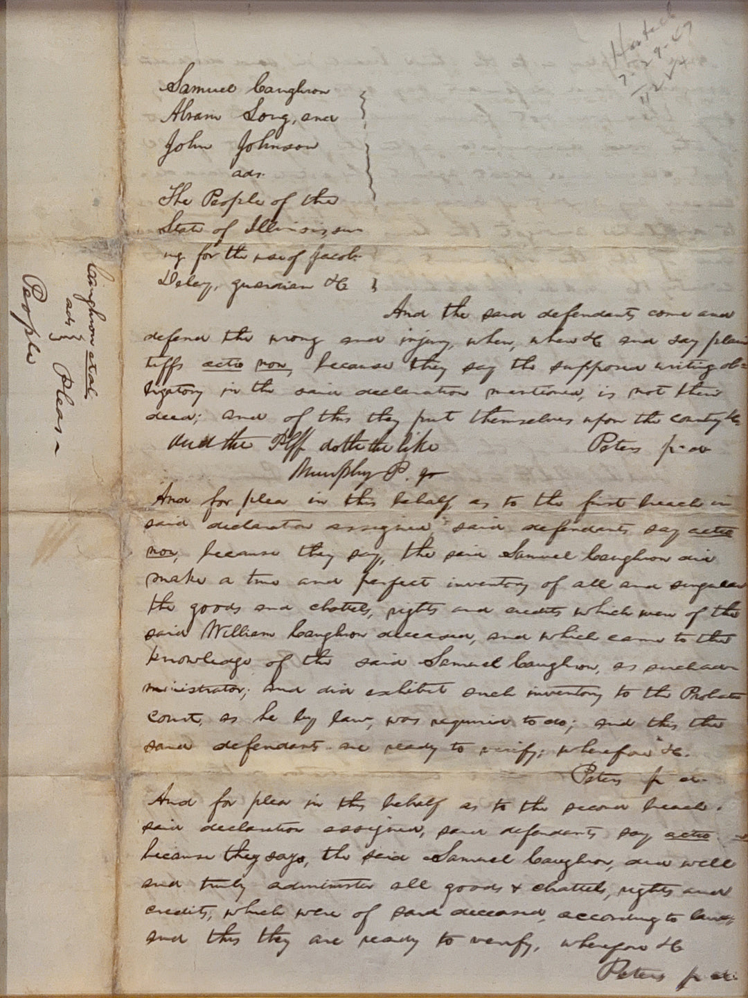 ABRAHAM LINCOLN, Autograph Document, Pleas in People for the use of Delay v. Caughron et al., May 1850, Danville, Illinois