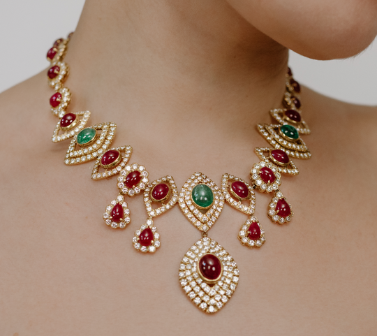 18k Gold, Ruby, Emerald, and Diamond Necklace