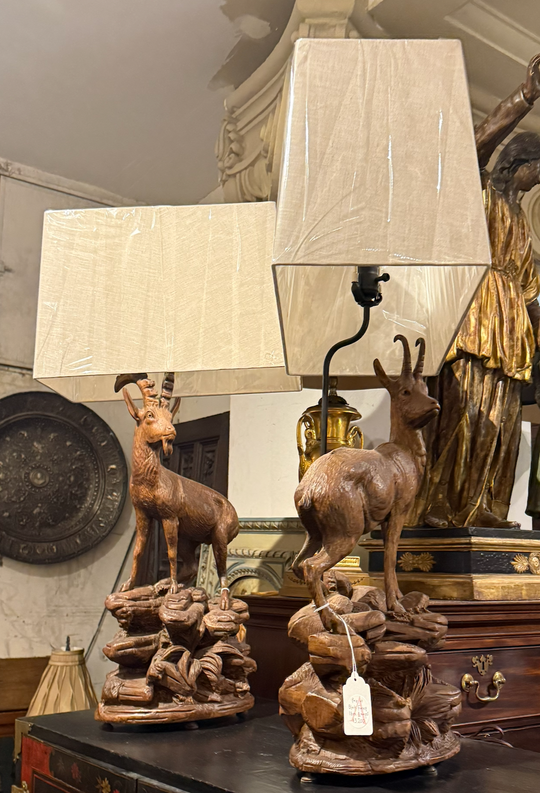 Pair of Black Forest Ibex and Chamois Lamps