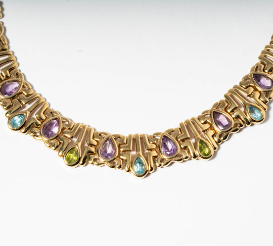 14K Gold, Topaz, Peridot & Amethyst Necklace