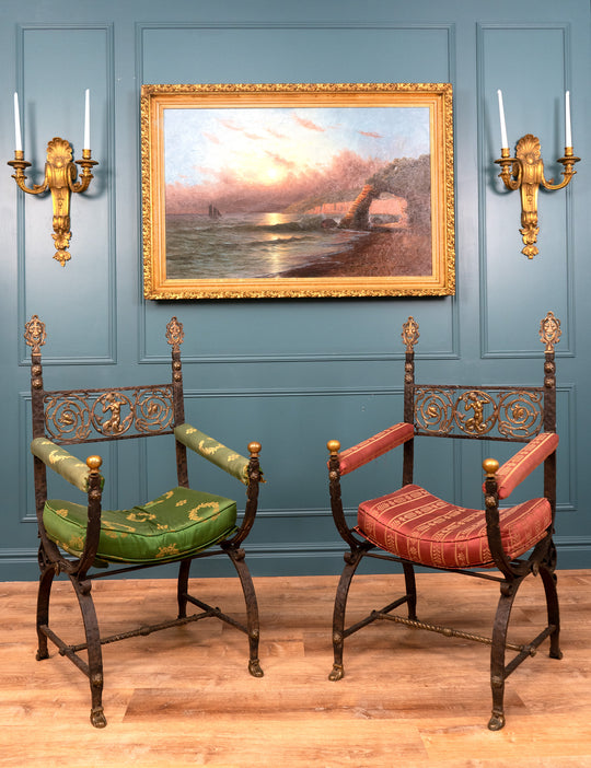 After Oscar Bach Pair Of Hand Wrought Iron Throne Chairs