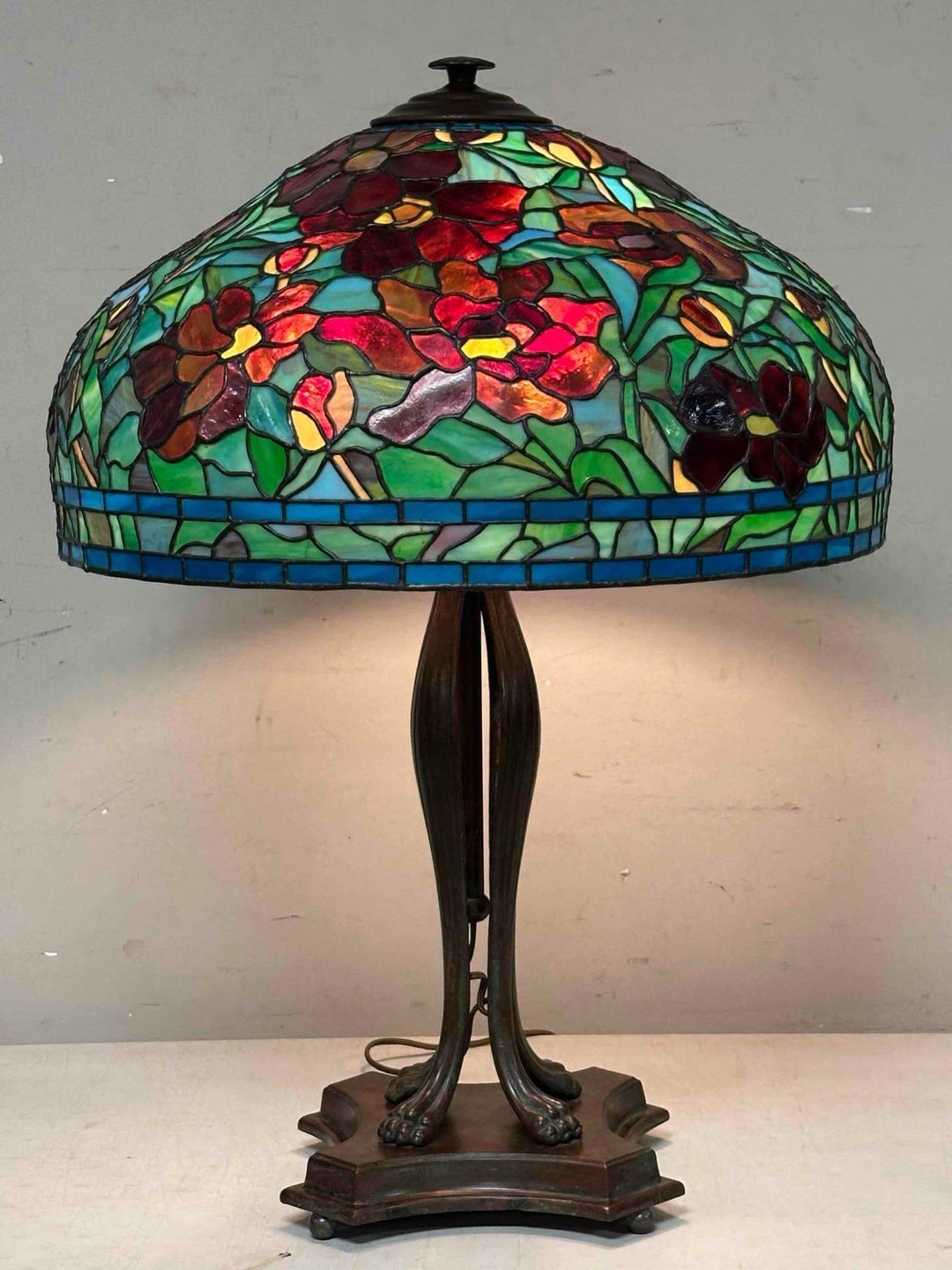 Peony Leaded Glass Lamp on Cat's Paw Base After Tiffany Studios