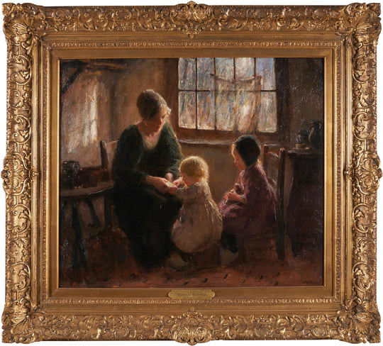 Painting of a woman and two children in a room with a large window, framed in gold. Bernard Pothast