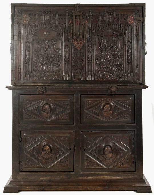 16th Century Spanish Vargueño Cabinet with Limoges Enamel Drawer Fronts