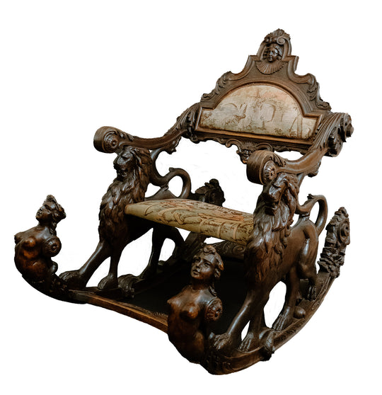 19th c. Venetian Lion Mounted Walnut Rocker