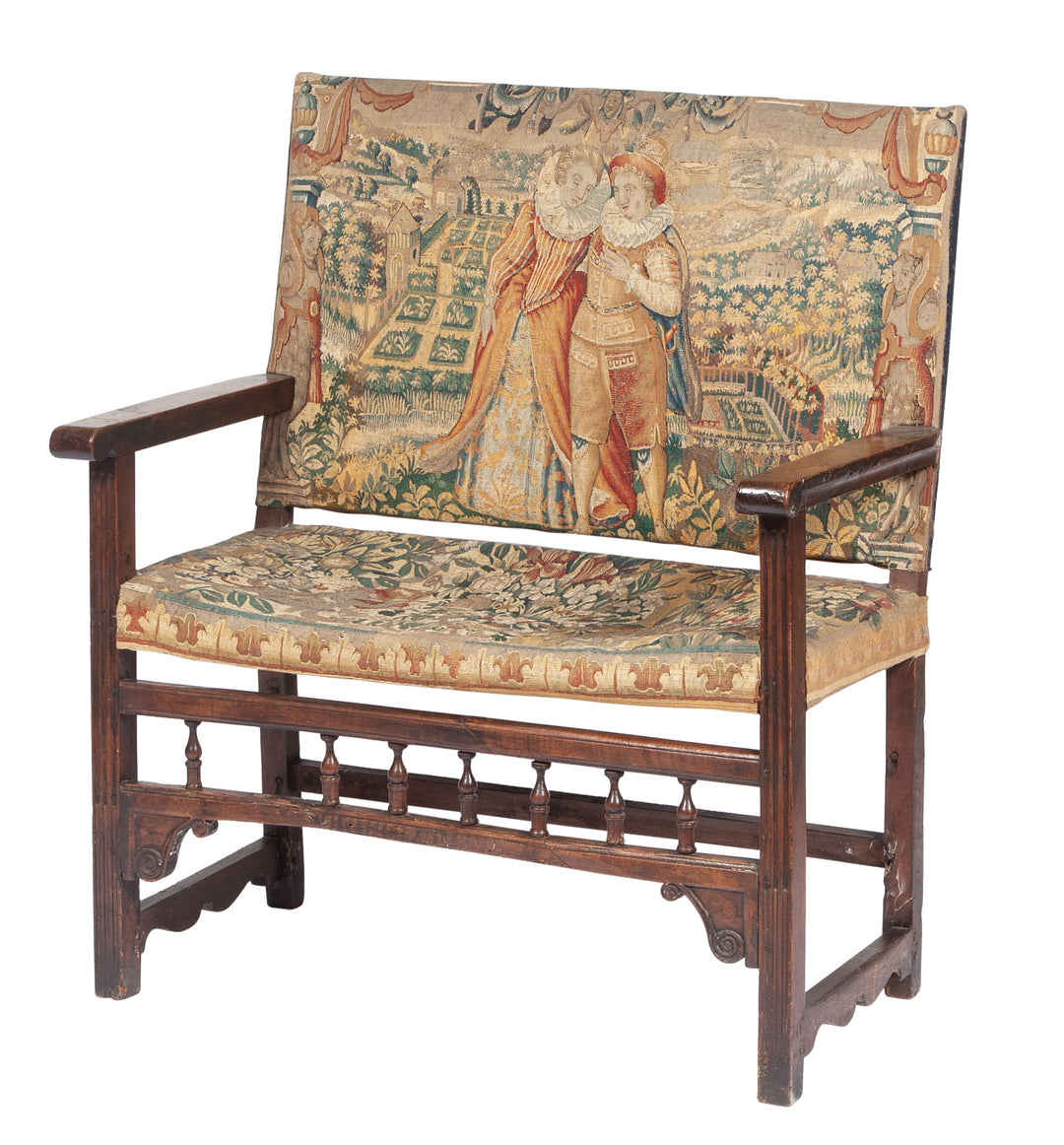Italian Walnut and Tapestry-Upholstered Bench