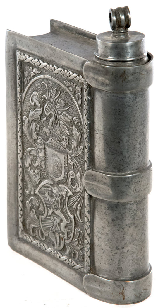 Large Incised Pewter Flask in form of a Book