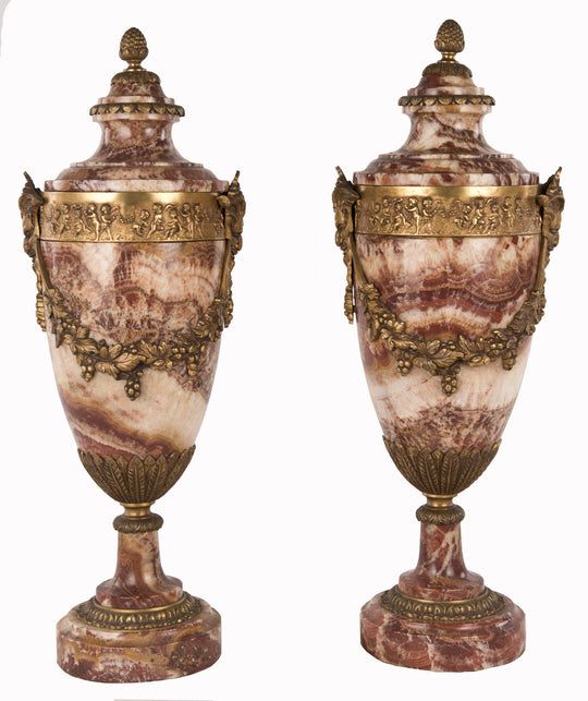 A Pair of Louis XVI Style Red Breche Marble and Ormolu Urns