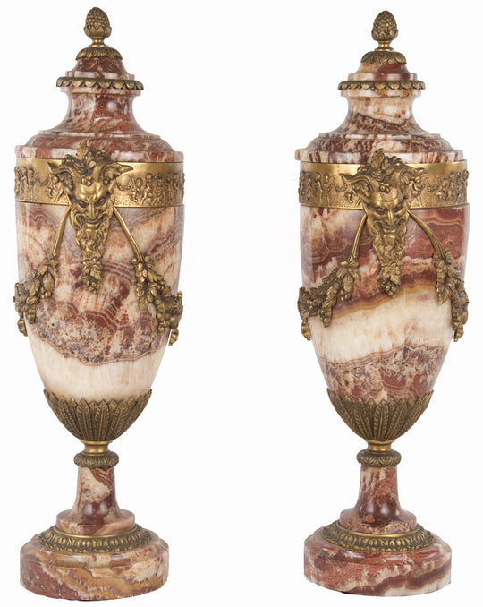 A Pair of Louis XVI Style Red Breche Marble and Ormolu Urns
