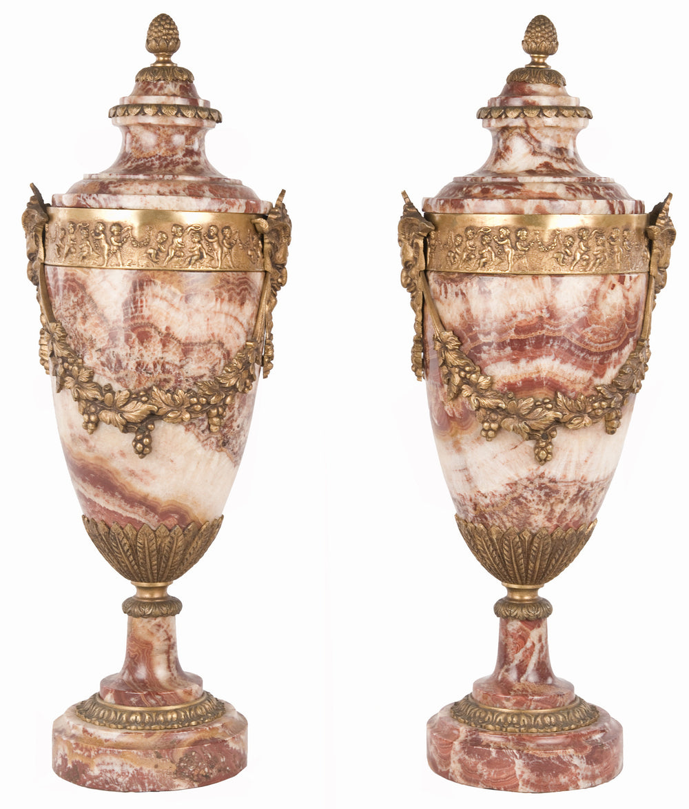 A Pair of Louis XVI Style Red Breche Marble and Ormolu Urns