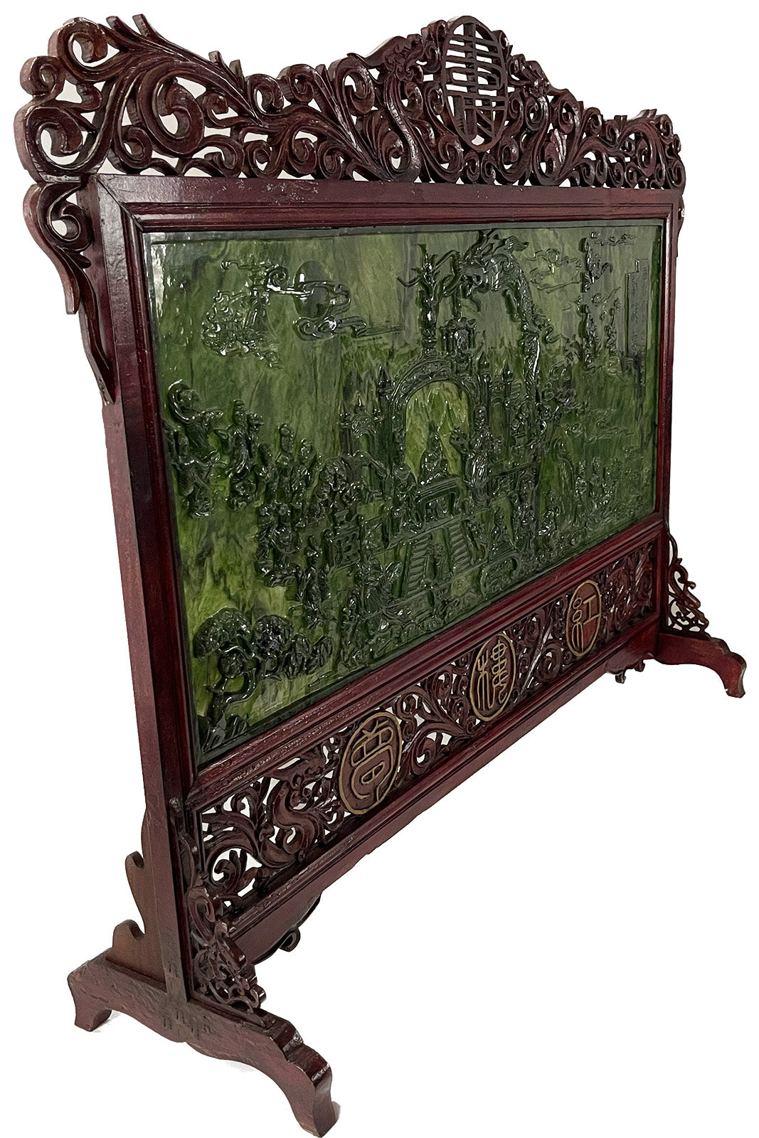 Spinach Jade Carved Four Panel Screen