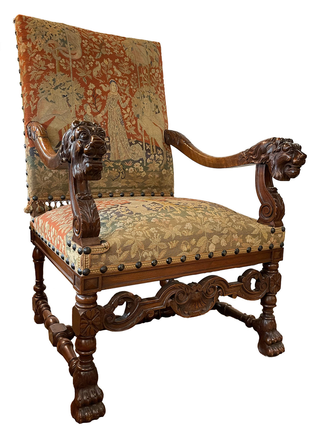 Pair of 19th Century French Unicorn Tapestry Armchairs