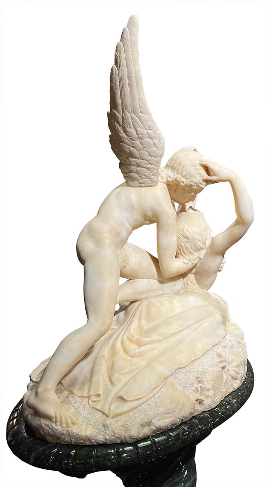 Psyche Revived by Cupid's Kiss Marble Sculpture on Marble Pedestal after Canova