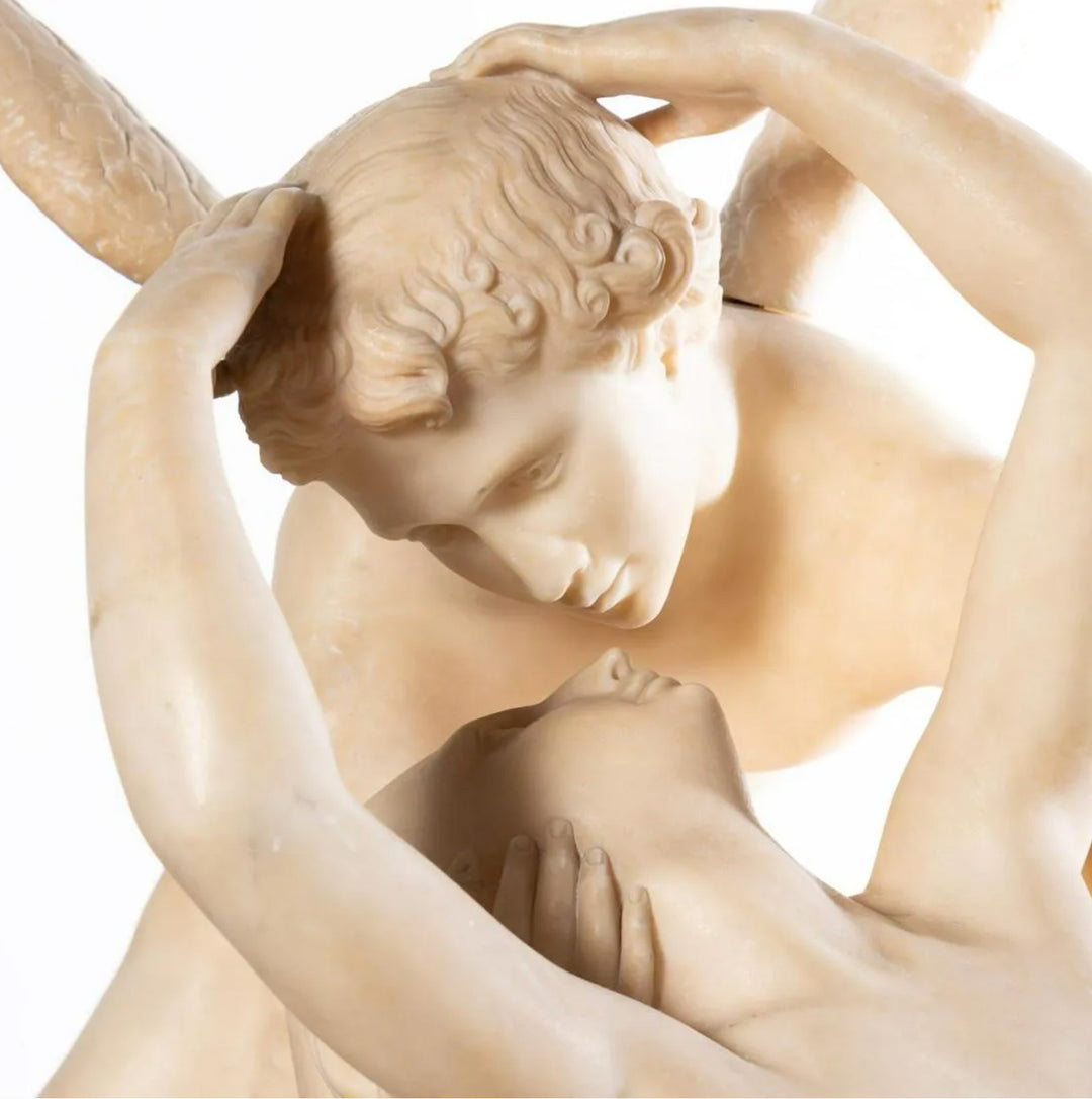 Psyche Revived by Cupid's Kiss Marble Sculpture on Marble Pedestal after Canova