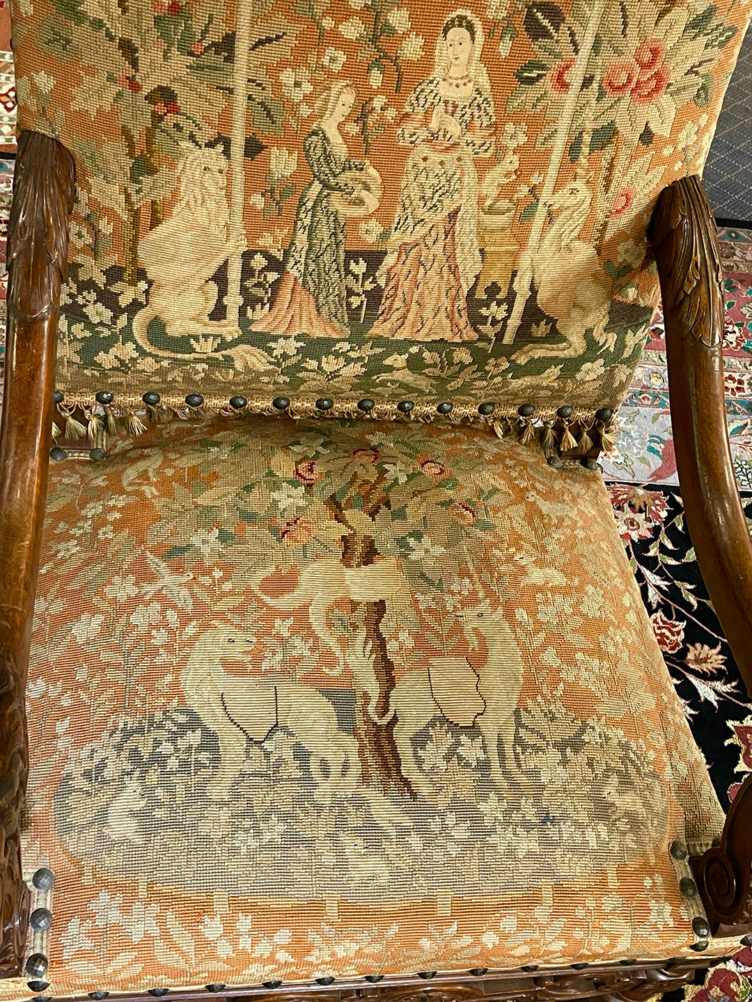 Pair of 19th Century French Unicorn Tapestry Armchairs
