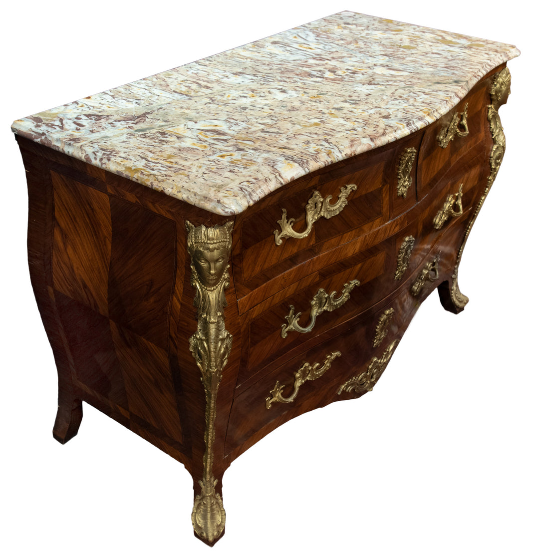 French Louis XV Style Commode with Figural Ormolu Mounts and Marble Top