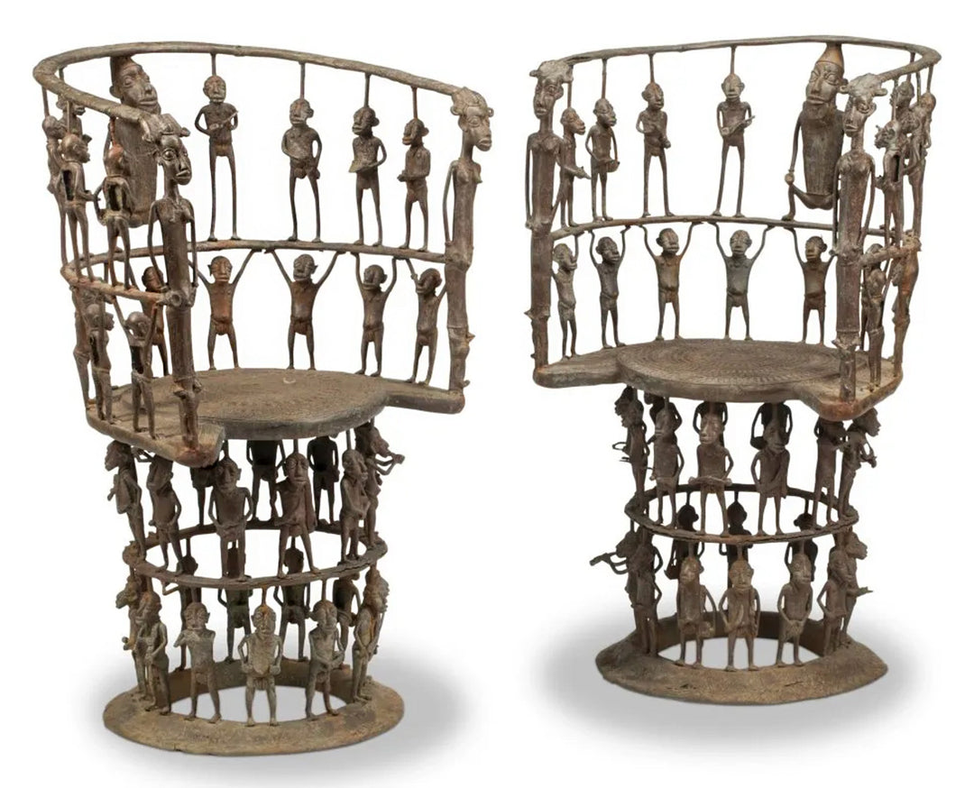 Pair of African Bronze Figurative Throne Chairs