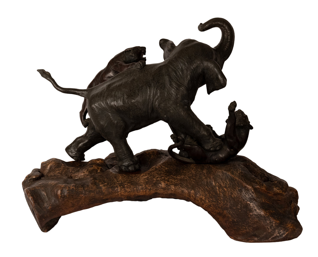 Late 19th c. Large Japanese Meiji Bronze of Tigers Attacking  an Elephant