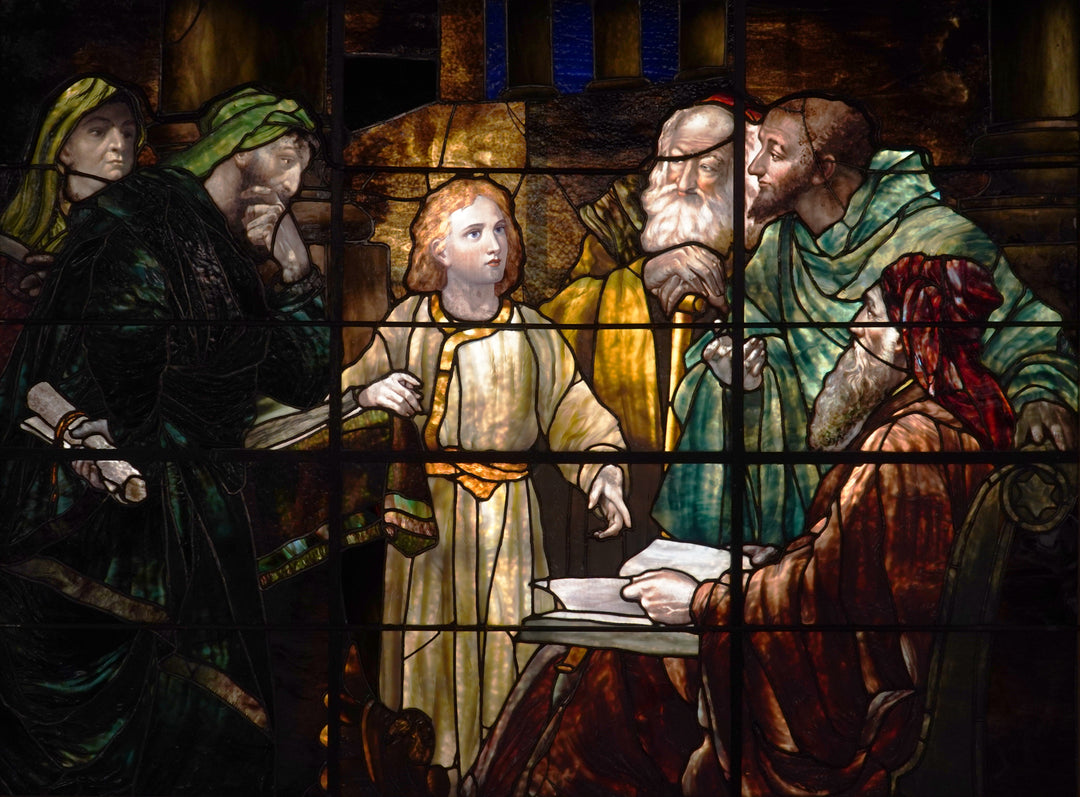 Tiffany Studios Stained Glass Window of The Boy Jesus in the Temple, 1893 after Heinrich Hofmann