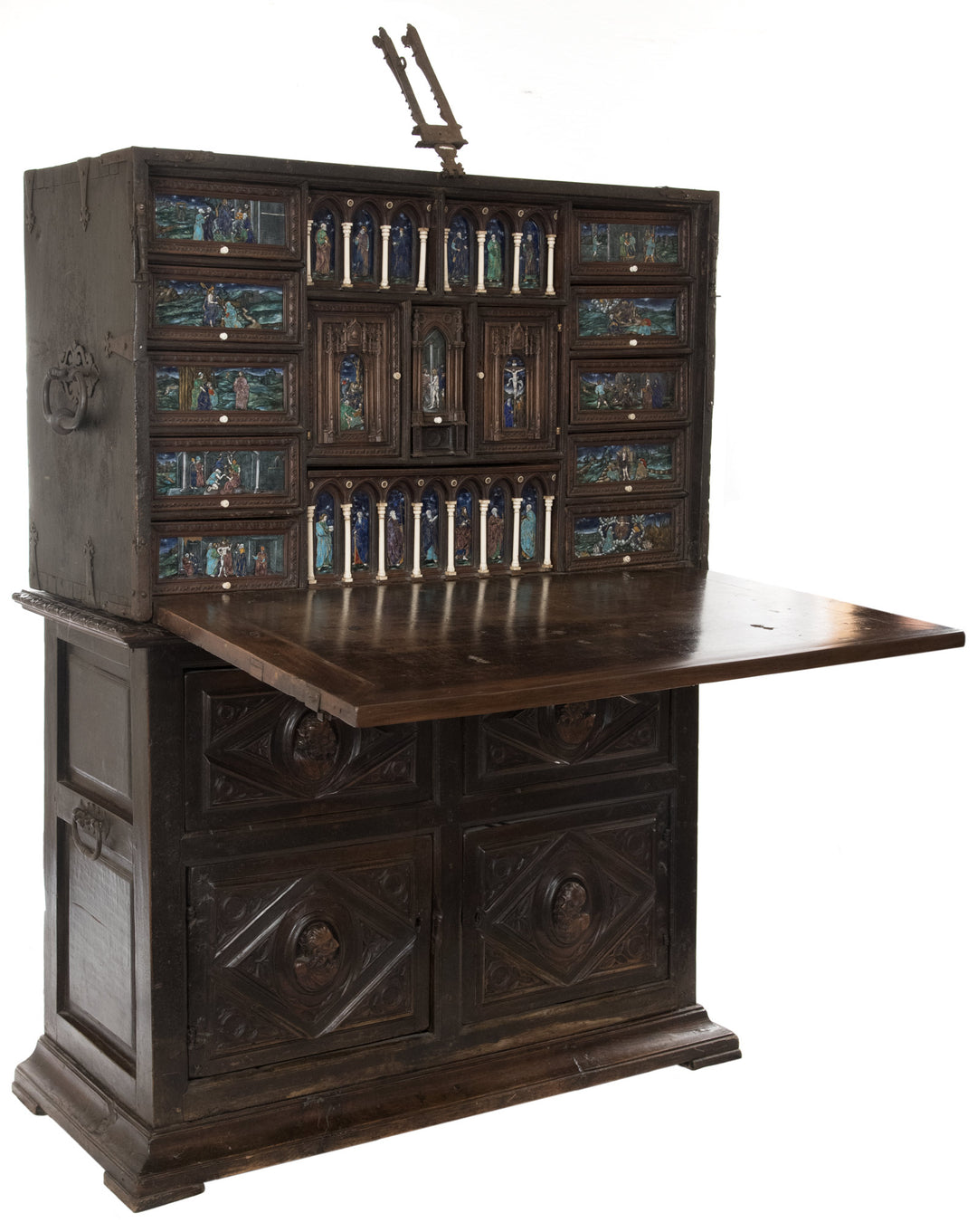 16th Century Spanish Vargueño Cabinet with Limoges Enamel Drawer Fronts