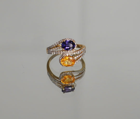 14 Karat Yellow Gold Violet & Yellow Sapphire Diamond Bypass Ring