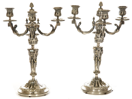 Pair of French Neoclassical Silver-plated Bronze Candelabra