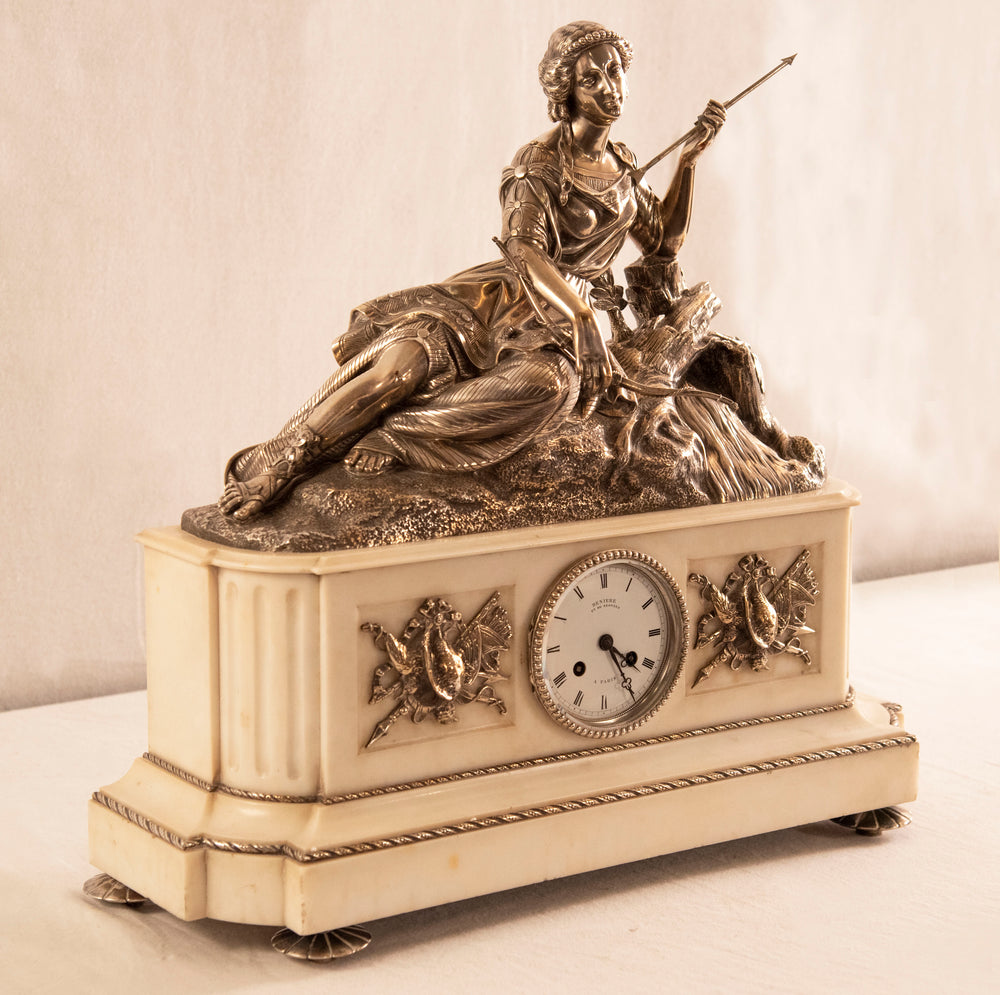 French Napoleon III Silver Over Bronze and Marble Table Clock