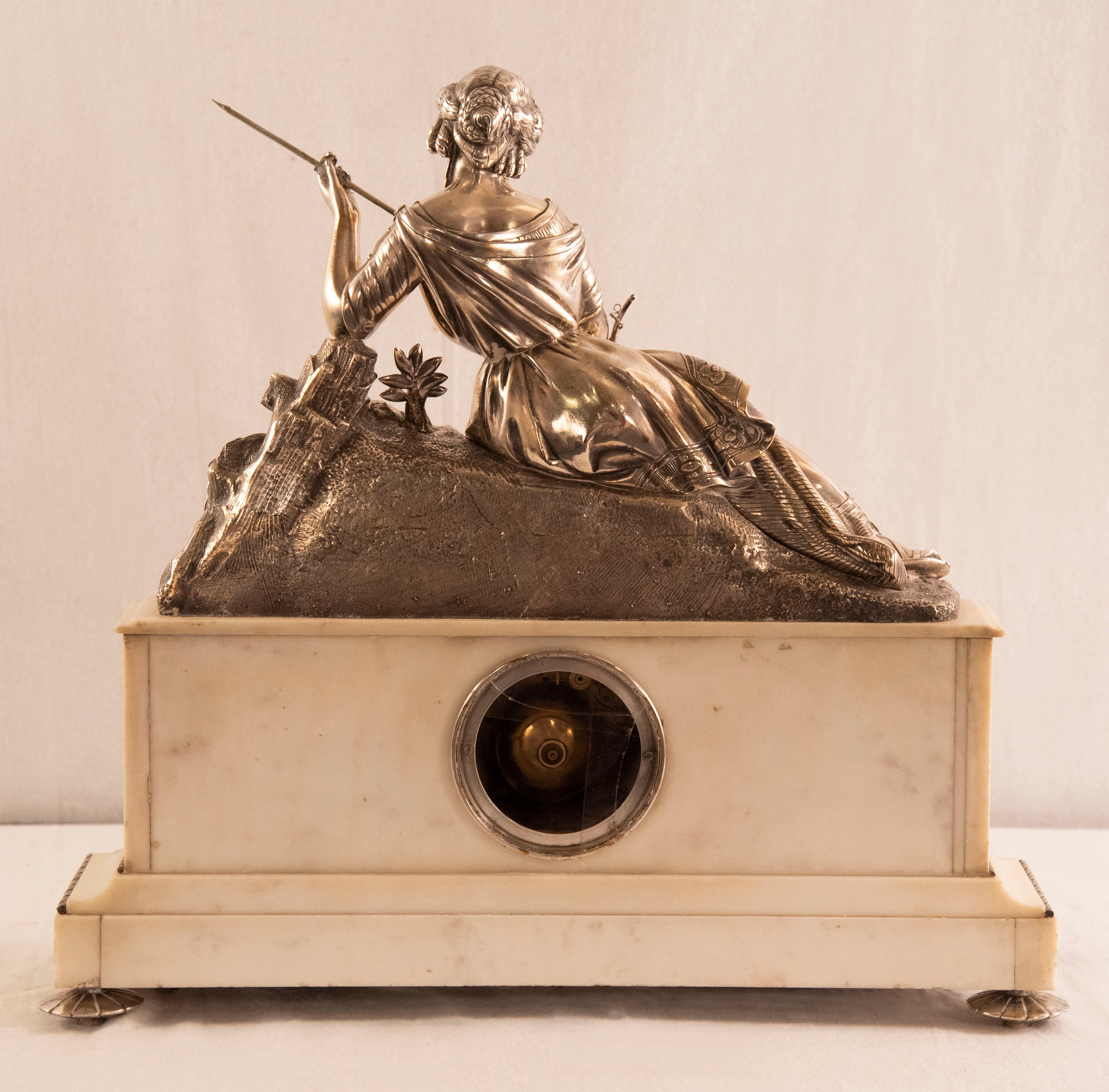 French Napoleon III Silver Over Bronze and Marble Table Clock