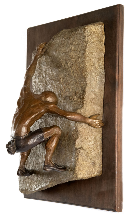 A Bronze Wall Sculpture of a Rock Climber by Jim Rennert