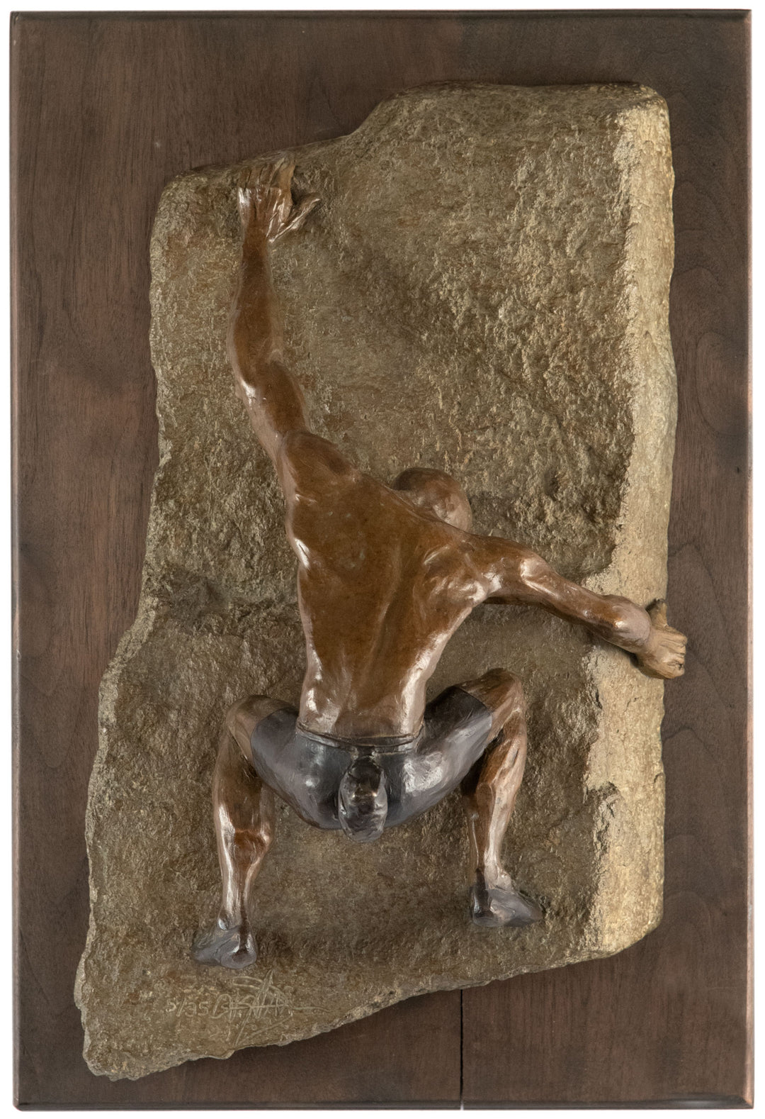 A Bronze Wall Sculpture of a Rock Climber by Jim Rennert